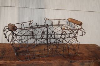 Fine Old Unique Estate Antique Primitive Wire Egg Basket W Wood Handles 14x9.  5x5 photo