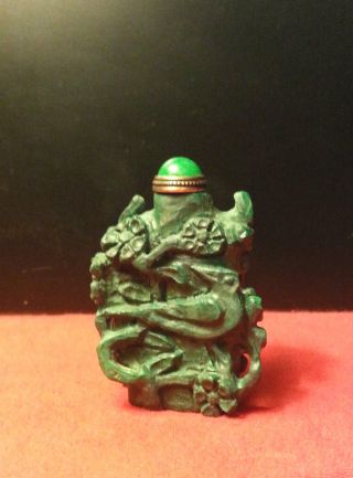 Malachite Snuff Bottle Carved Openwork Of Prunus Blossoms And A Bird. photo