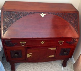 Antique Secretary Mahogany Desk - Handmade With Unique Carvings And Design photo