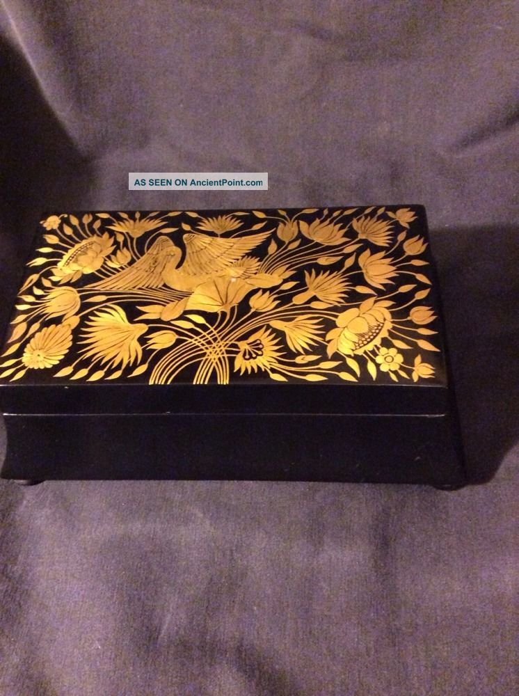 Vintage Black Lacquer Wood And Gold Leaf Ornate Covered Box Boxes photo