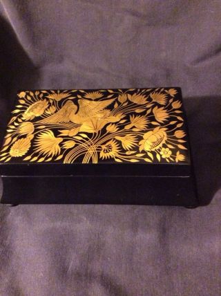 Vintage Black Lacquer Wood And Gold Leaf Ornate Covered Box photo
