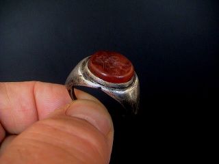 Large Ancient Roman Legionary Silver Ring With Warrior Intaglio,  100 - 400 Ad. photo