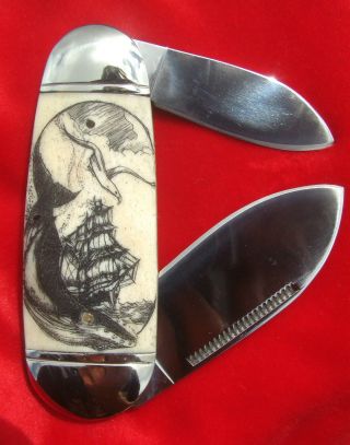 Scrimshaw By Shar,  Tall Ship,  Whales,  Lighthouse,  Folding Knife/knives photo