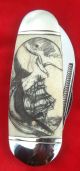Scrimshaw By Shar,  Tall Ship,  Whales,  Lighthouse,  Folding Knife/knives Scrimshaws photo 2