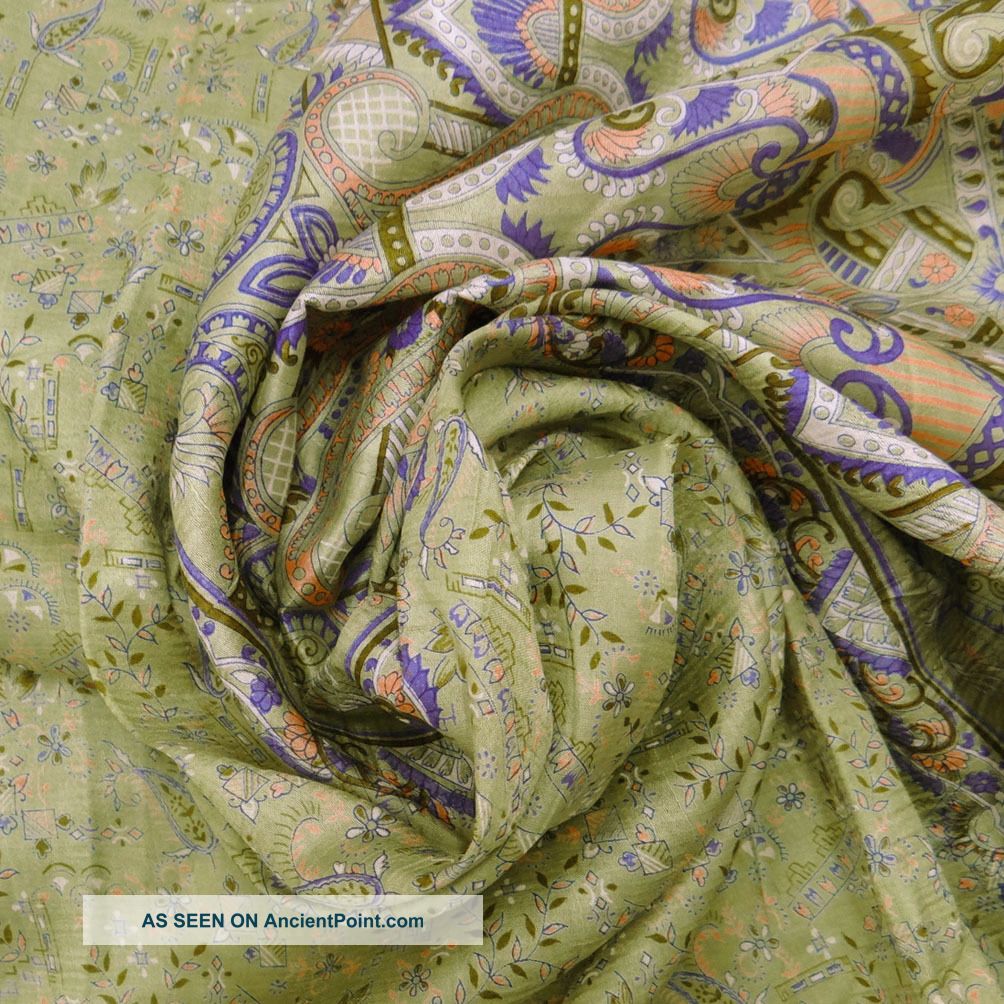 Vintage Saree Pure Silk Paisley Printed India Sari Fabric Green Deco Dress 5yd Other photo