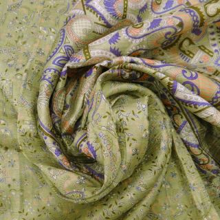 Vintage Saree Pure Silk Paisley Printed India Sari Fabric Green Deco Dress 5yd photo