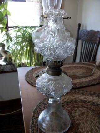 Antique Miniature Pressed Glass Kerosene Oil Lamp Roses photo