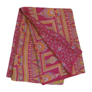 Vintage Saree Silk Blend Floral Printed India Sari Fabric Magenta Craft Art photo