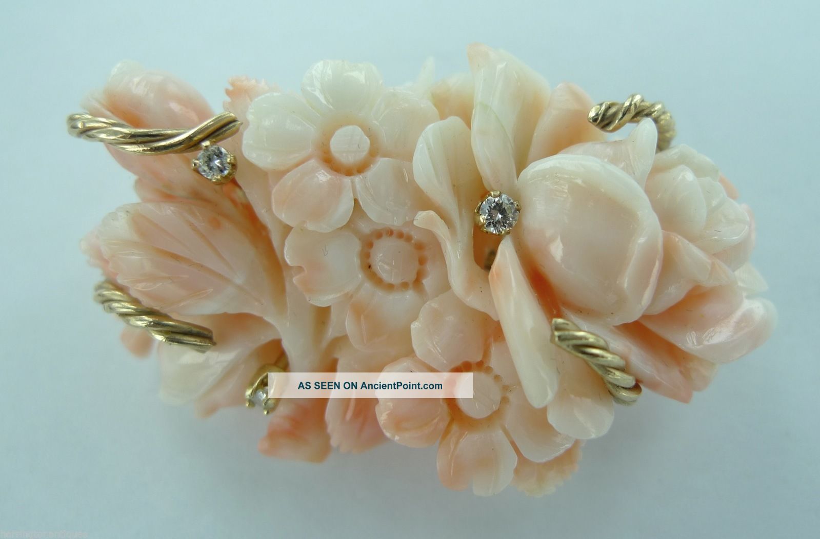 Estate Hand Carved Angel Skin Coral 14ct Yellow Gold Diamond Set Brooch Pentant Other Asian photo
