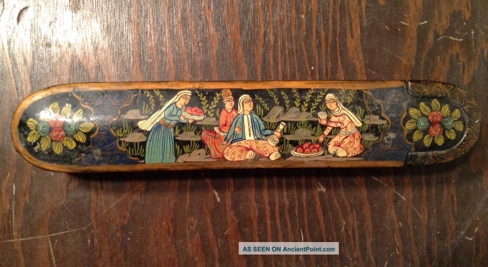 Rare Antique Qajar Persian Qalamdan Pen Box Hand Painted Feast & Floral Scene Middle East photo