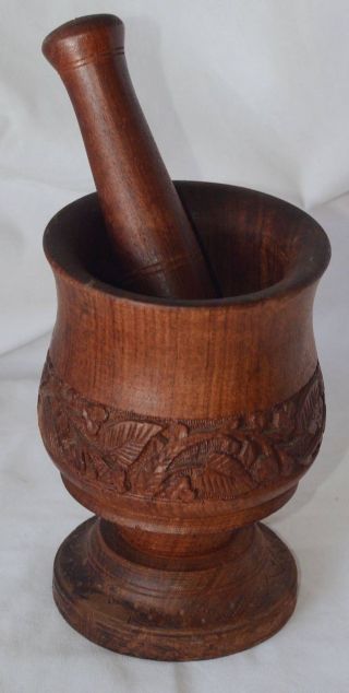 Vintage Mortar & Pestle Wood Hand - Carved Kharal Okhli India 10507 photo