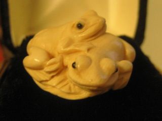 Antique Carved Two Frogs On Lotus Leaf Netsuke Bead From Japan Signed photo