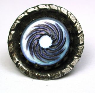 Antique Iridescent Shell Button In Steel Cup Carved Blue Swirl photo