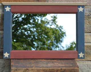 Primitive Handcrafted Mirror Americana/ Red / White / Blue Country Bath Style Hz photo