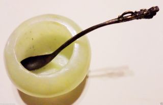 Antique Chinese Celadon Jade Jadeite Salt Cellar Bowl Mini Silver Dragon Spoon photo
