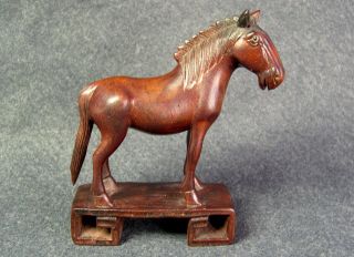 Unusual Old Chinese Oriental Carved Mahogany Wood Horse On Stand,  Glass Eyes photo
