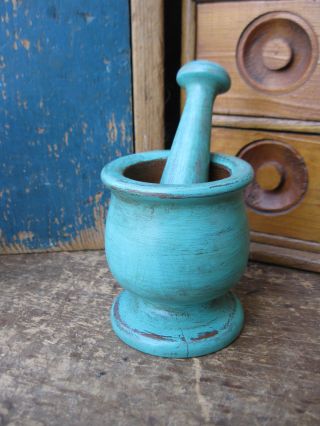 Small Vintage Wood Mortar And Pestle Robins Egg Blue Paint photo