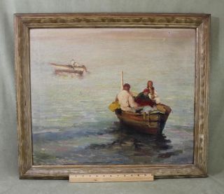 Circa - 1900 Antique Mediterranean Impressionist Seascape Fishermen Oil Painting photo