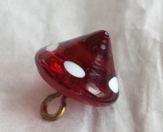 463 Red Ruby Antique Charmstring Glass Button Cone W/ White Dots Swirl Back photo