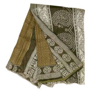 Vintage Saree Art Silk Printed India Sari Fabric Green Wrap Decor Antique Dress photo