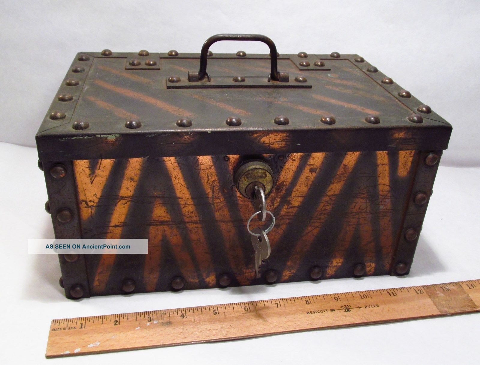 Antique Gothic Designed Riveted Tin Portable Lock Box Gun Safe Collection Box Safes & Still Banks photo