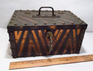 Antique Gothic Designed Riveted Tin Portable Lock Box Gun Safe Collection Box photo