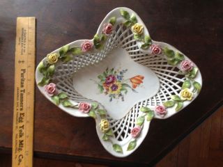 Antique German Bowl With Lattice Work And Sculptured Flowers photo