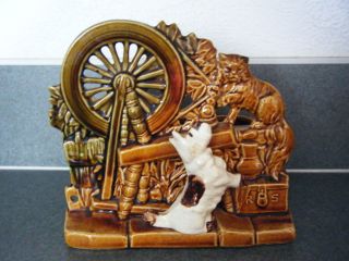 Antique Mc Coy Pottery Dish Dog Cat Spinning Wheel Decorative Collectible photo