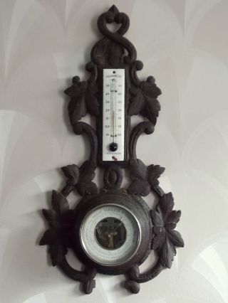 Antique French Enamel & Hand Carved Detail Wooden Aneroid Banjo Style Barometer photo