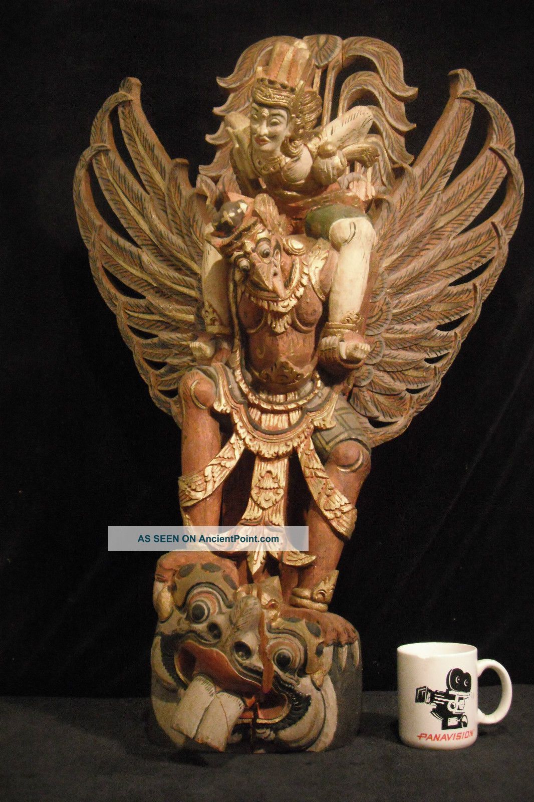 Huge Antique 35” Tall (89 Cm) Balinese Wood Carving Lord Vishnu Riding Garuda Statues photo