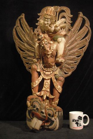 Huge Antique 35” Tall (89 Cm) Balinese Wood Carving Lord Vishnu Riding Garuda photo
