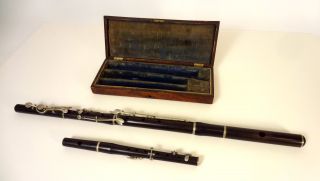 19th C.  Jerome Thibouville - Lamy Paris France Wood Woodwind 2 Flutes Set W/picolo photo
