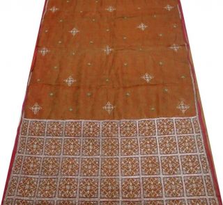 Vintage Saree Tissue Organza Embroidered India Sari Fabric Brown Craft Deco 5yd photo