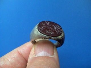 Huge Ancient Roman Silver Ring With Chariot Quadriga Intaglio,  100 - 400 Ad. photo