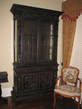 Antique French Carved Oak Gothic Renaissance Revival Bookcase Cabinet 19th C photo