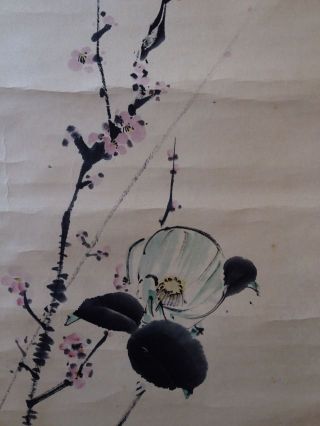 1747 Ume Tree & Tsubaki Camellia Japanese Antique Hanging Scroll photo