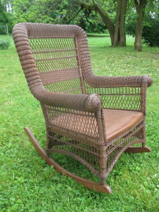 Antique Natural Wicker Classic Rolled Arm Rocker Circa 1890 ' S photo