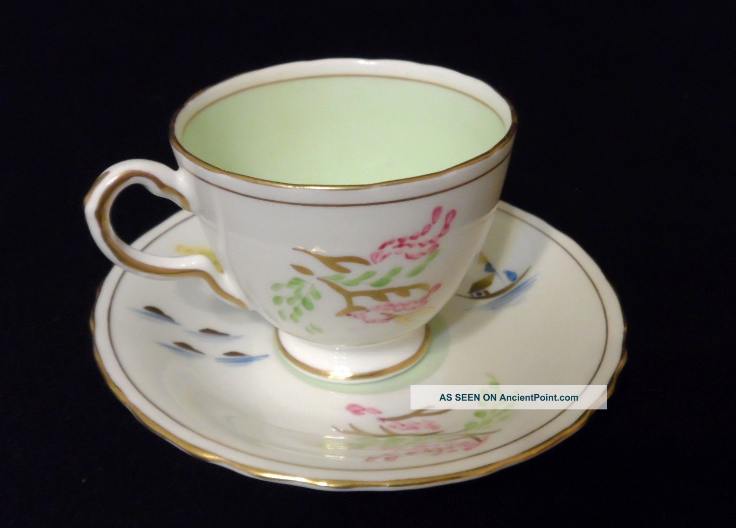 Vintage Delphine English Bone China Teacup & Saucer Chinese Motif - Pale Green Cups & Saucers photo