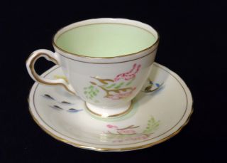 Vintage Delphine English Bone China Teacup & Saucer Chinese Motif - Pale Green photo