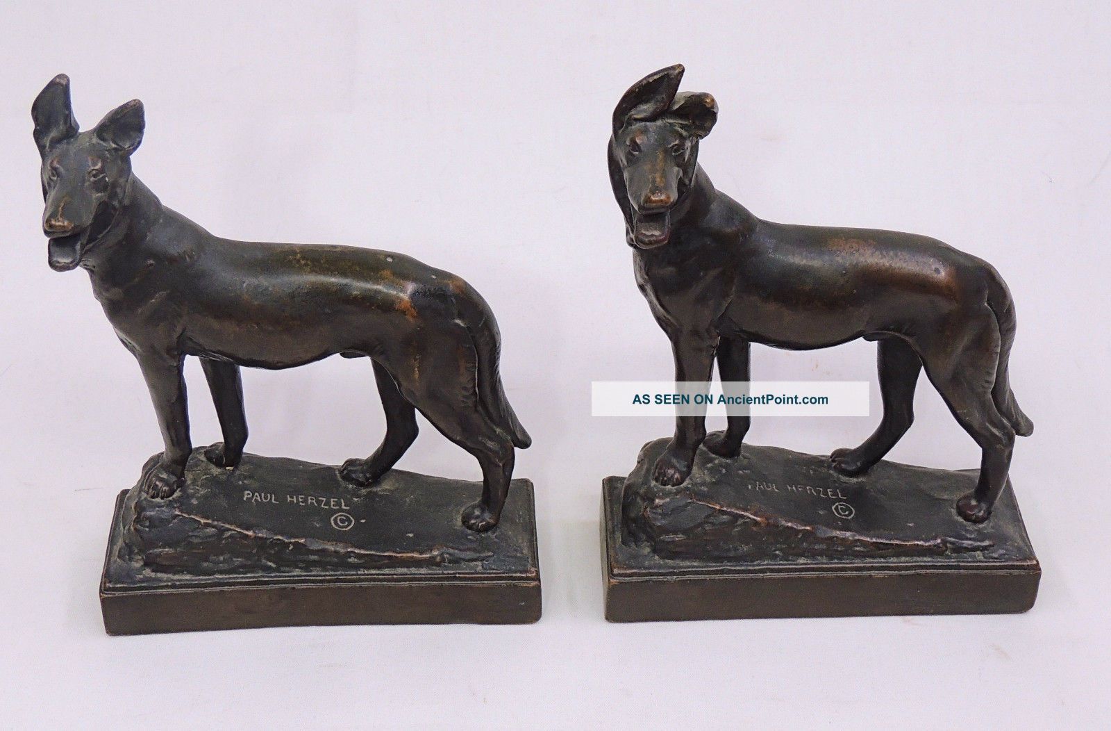 Antique Signed Paul Herzel Bronze German Shepherd Sculpture Bookends Metalware photo