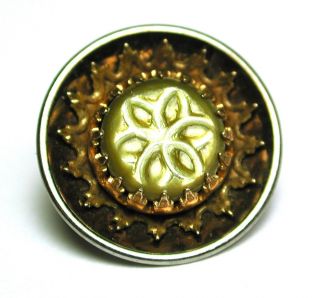 Antique Iridescent Shell Button In Steel Cup Carved Sun Burst Design photo