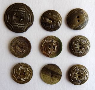 9 Antique Vintage Victorian Buttons 1920/30 Bakelite Gold Tone Engraved Pattern photo