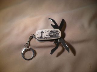 Scrimshaw Resin Multi Tool Key Ring Knife 2 Sided S/ship - Lt.  House - Sperm Whale photo