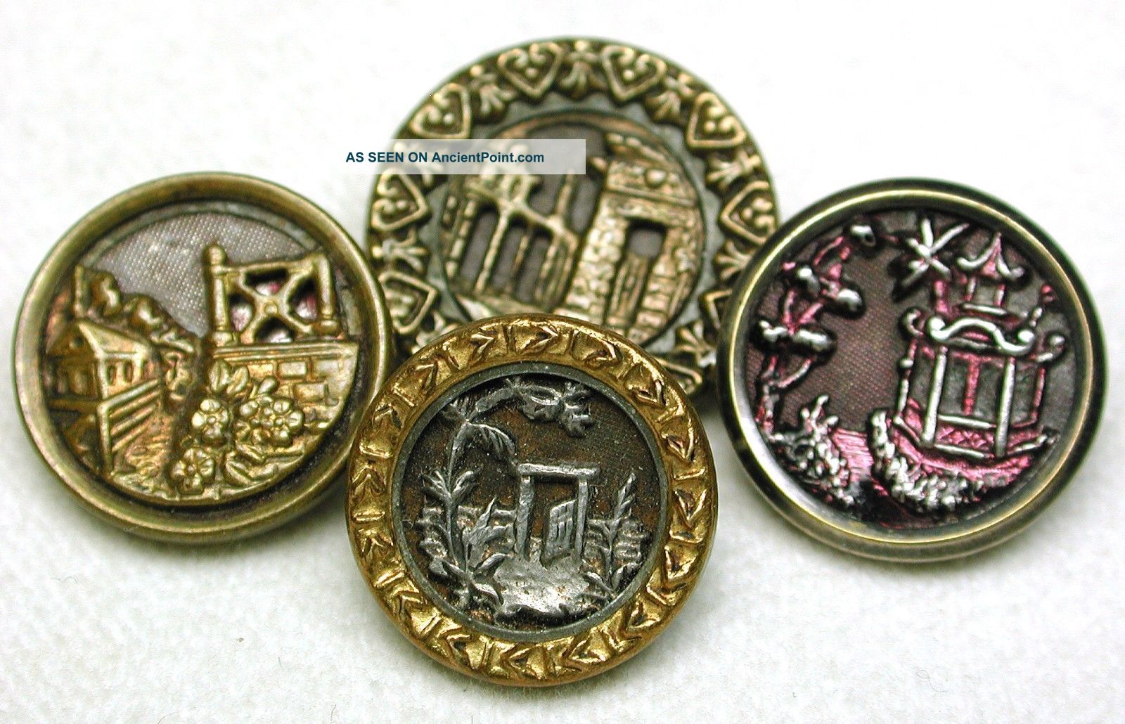 4 Antique Picture Buttons Various Buildings From Pagodas To Villages Buttons photo
