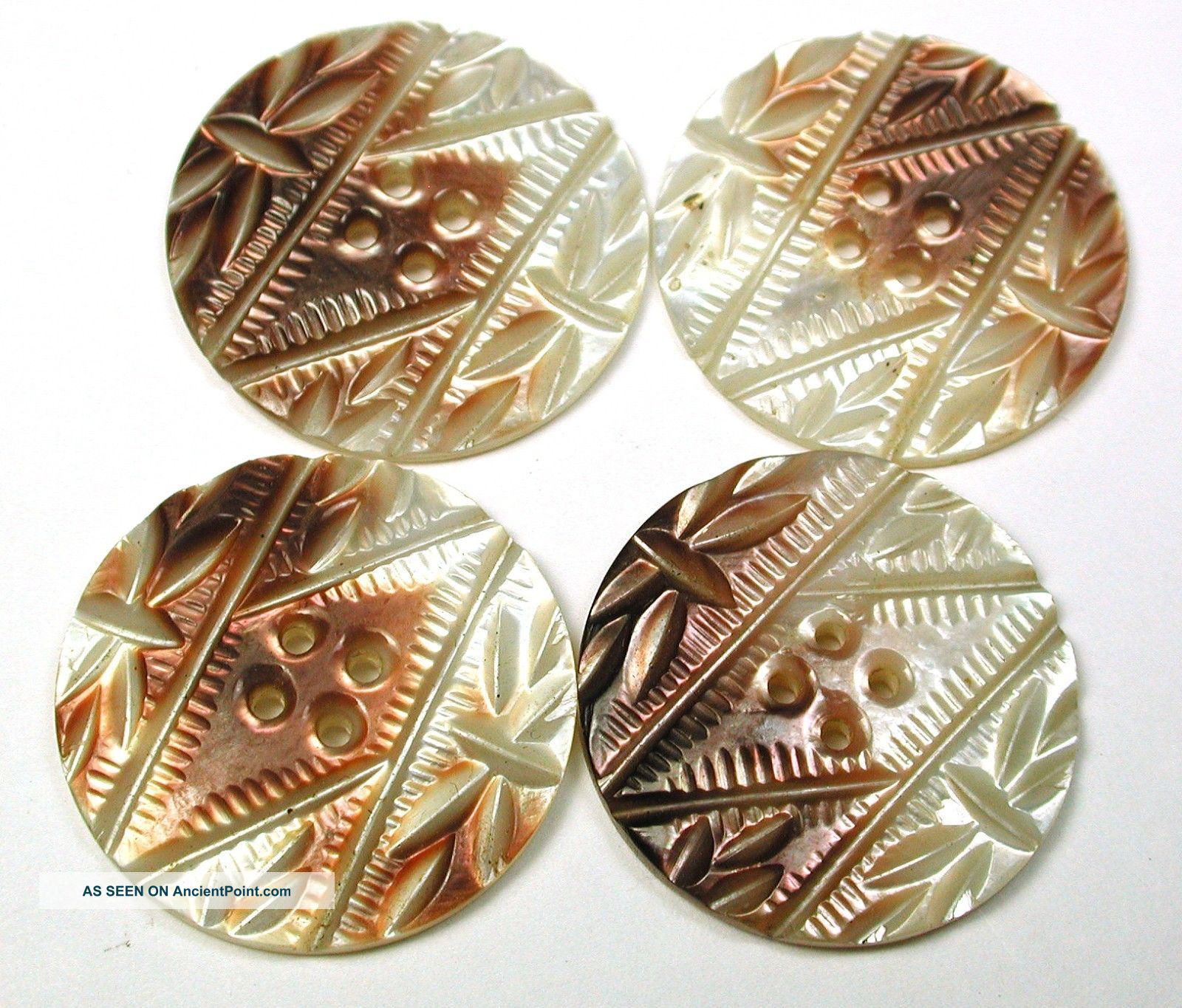 4 Antique Carved Shell Buttons W/ Floral Design Sew Ththrough Buttons photo