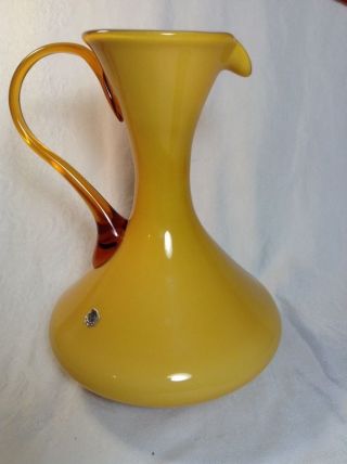 Mid Century Italy Hand Blown Pitcher Carafe Yellow Amber Handled photo