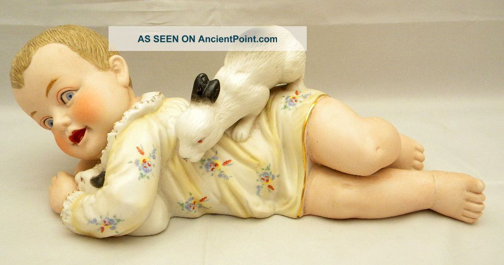 Japanese Export Porcelain Piano Doll Baby - Boy W/ Rabbits Statues photo