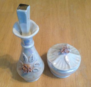 Japanese - Made White Iridescent Bottle/stopper & Jar/lid Set - Rose & Gold Motif photo