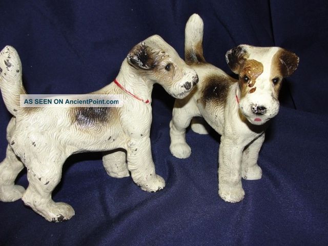 2 Antique Hubley Cast Iron Fox Terrier Dog Sculptures - Excellent Paint Metalware photo