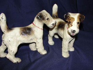 2 Antique Hubley Cast Iron Fox Terrier Dog Sculptures - Excellent Paint photo